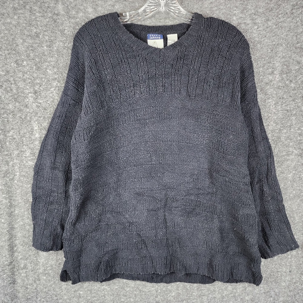 Cousin Johnny Sweater Women Large Black Chenille Textured V-Neck Pullover Knit
